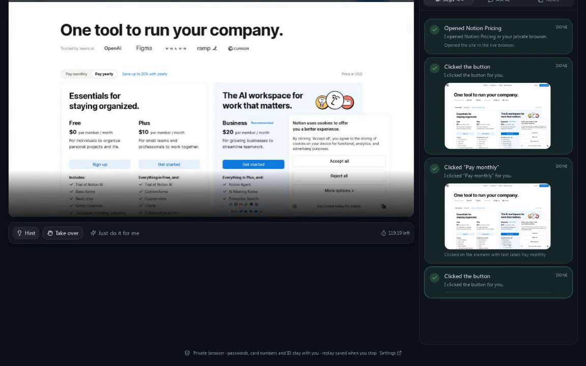 Every AI action recorded with a step, click target and page link